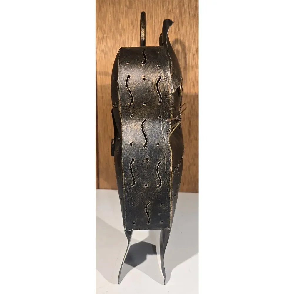 Metal Cat Candle Holder Lantern Black Gold Pierced Folk Art Indonesia 11